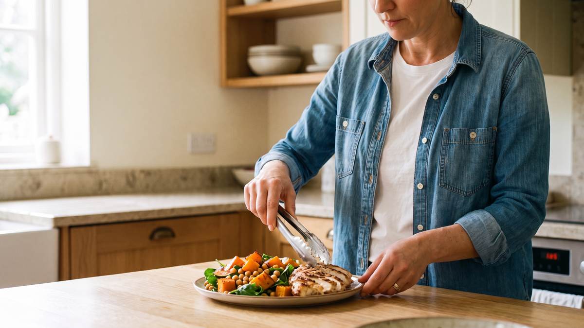 A woman serving a plate of vegetables and protein foods