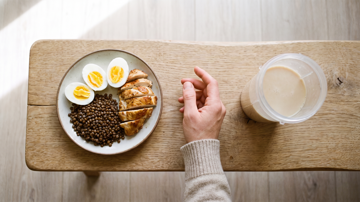A plate of eggs, chicken and lentils beside a shaker