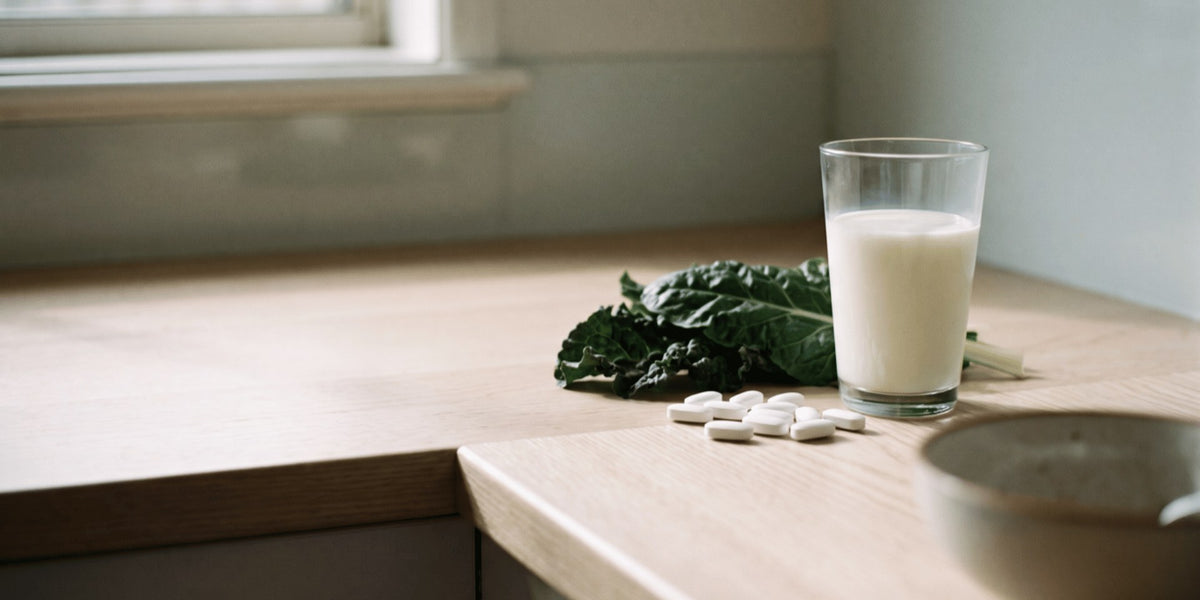 A glass of milk beside a handful of leafy greens and a few tablets on a pale kitchen bench — HLTH+