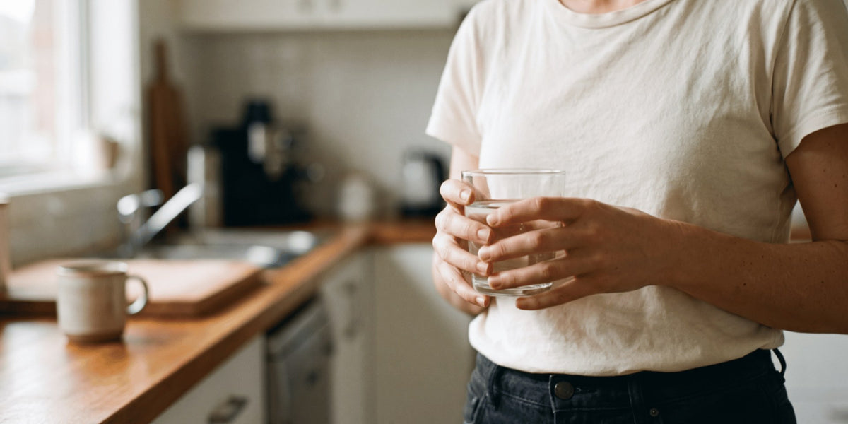 A woman standing at a kitchen bench holding a glass of water in soft morning light — HLTH+