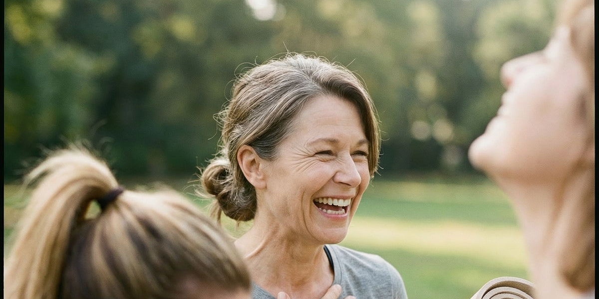 Three women talk and laugh in a park, the woman in the centre holding a rolled yoga mat and the woman on the right seen in profile — HLTH+