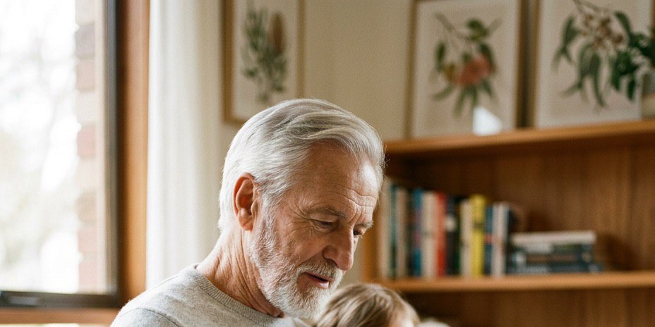 An older man in a beige shirt reads a picture book with a young child on a sofa in a sunlit living room — HLTH+