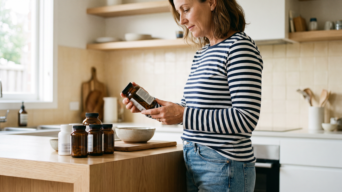A woman checking supplement containers at a kitchen bench
