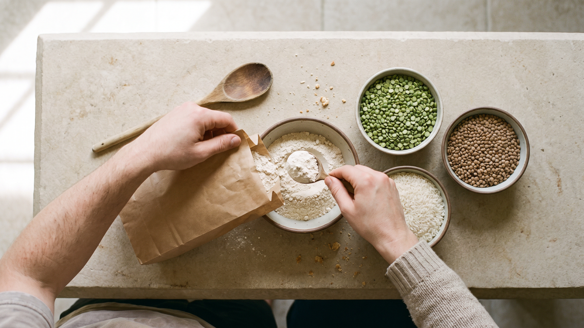 Powder and plant ingredients arranged in bowls