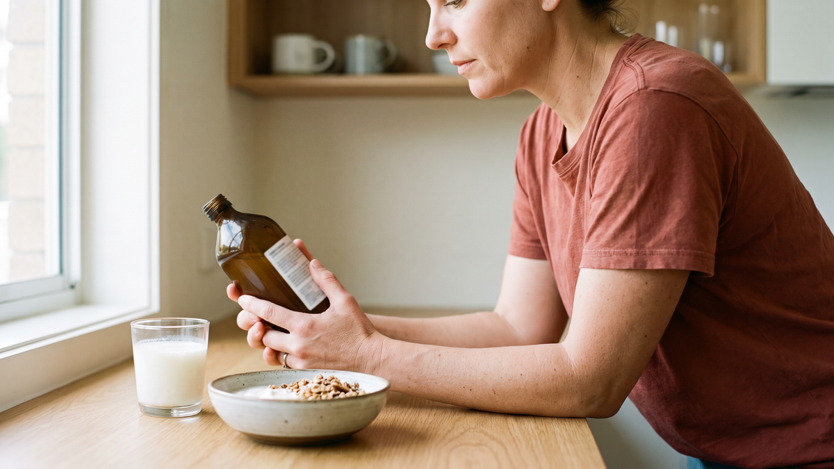 A woman reading a plain bottle label beside breakfast
