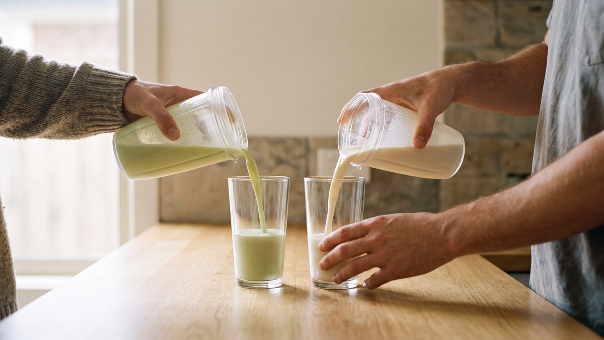 Two drinks being poured into glasses