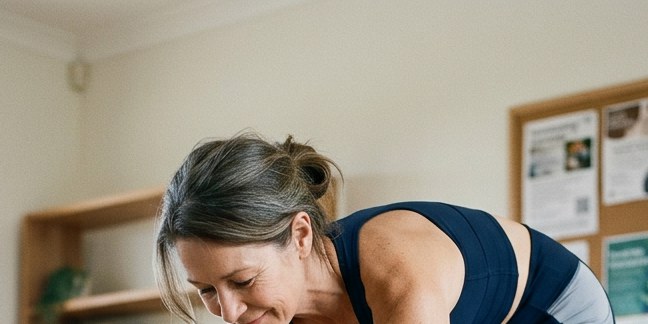 A woman in a navy tank top bends to roll up a cork yoga mat in a bright living room with wooden shelving and water bottles nearby — HLTH+