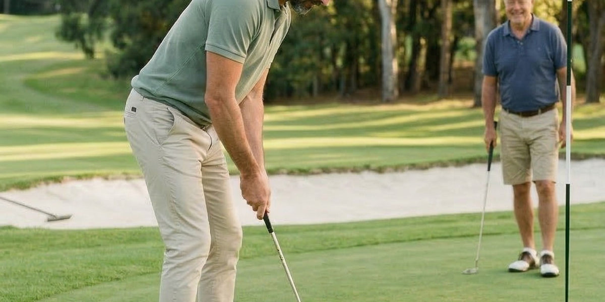 Two men on a green golf course lined with eucalyptus trees, one bent over a putt in a sage polo and the other standing by the flag — HLTH+