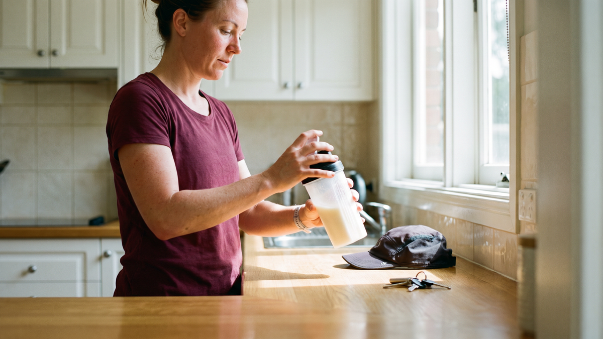 A woman holding a shaker beside exercise items