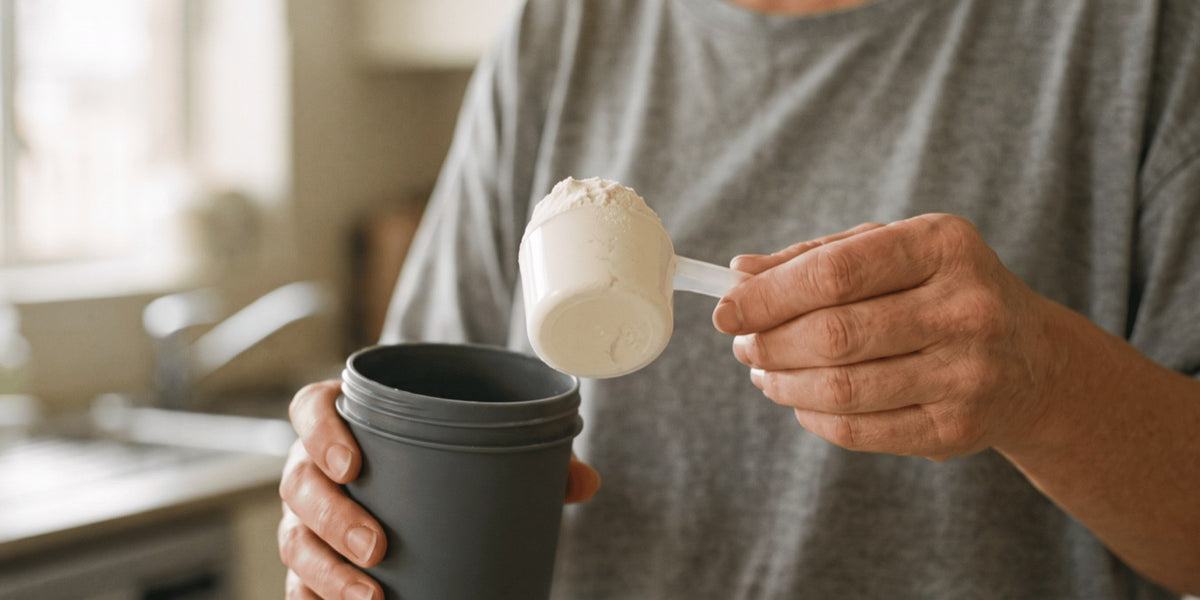 Hands adding a scoop of protein powder to a shaker in a home kitchen — HLTH+