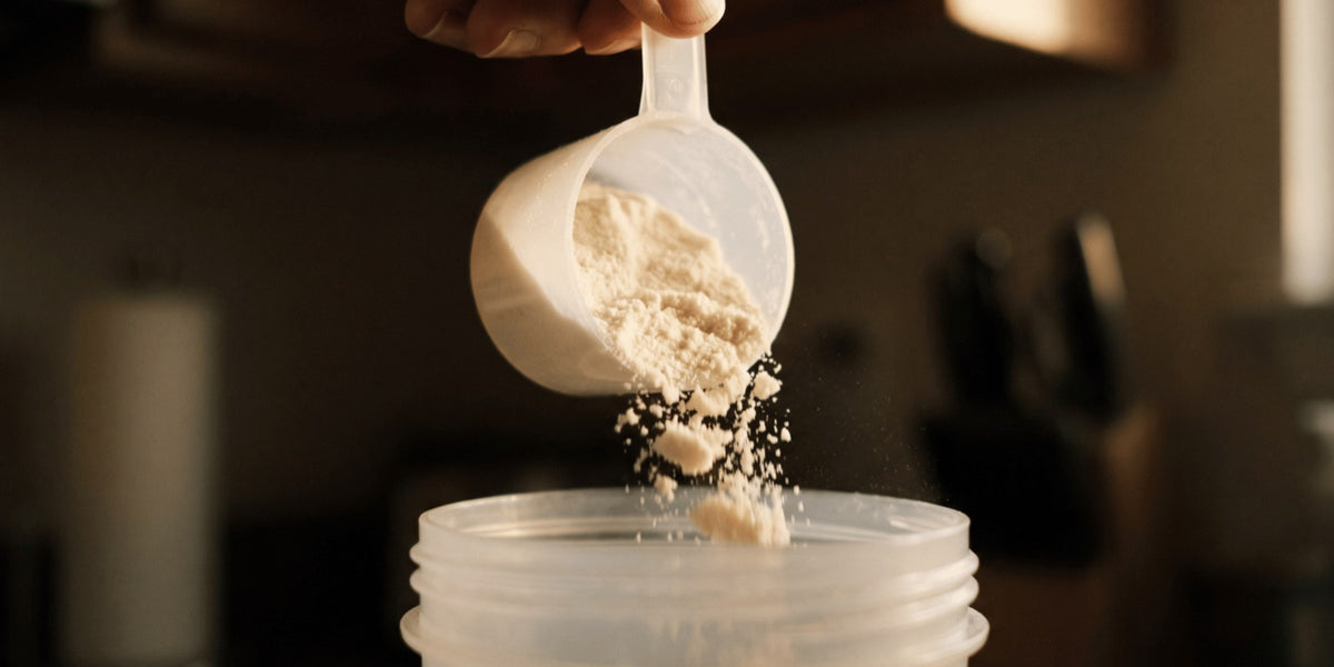 A scoop of protein powder being poured into a shaker in a dim kitchen — HLTH+