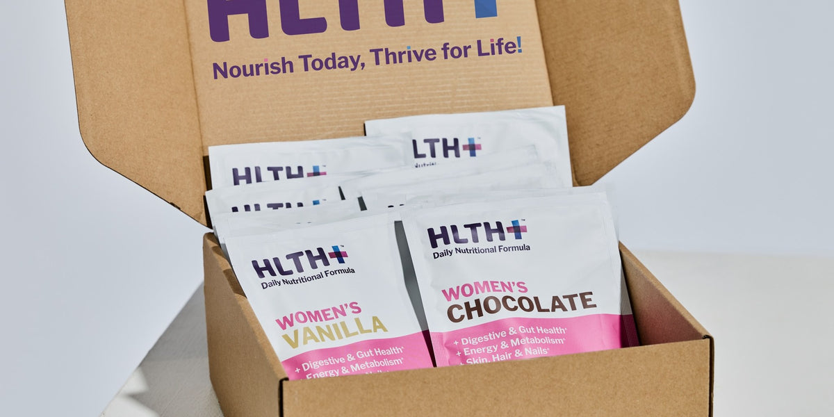 HLTH+ Women's Daily Nutritional Formula sachets in Vanilla and Chocolate in an open kraft box — HLTH+