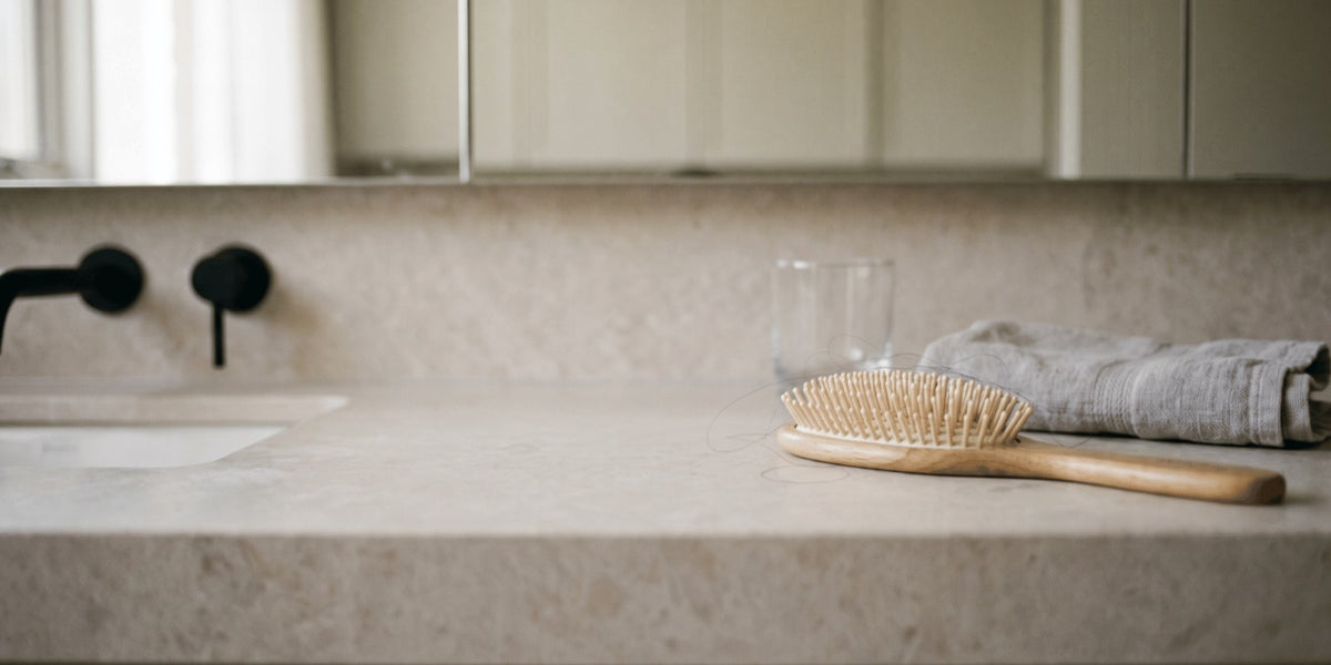 A wooden hairbrush resting on a bathroom bench beside a folded towel in soft light — HLTH+
