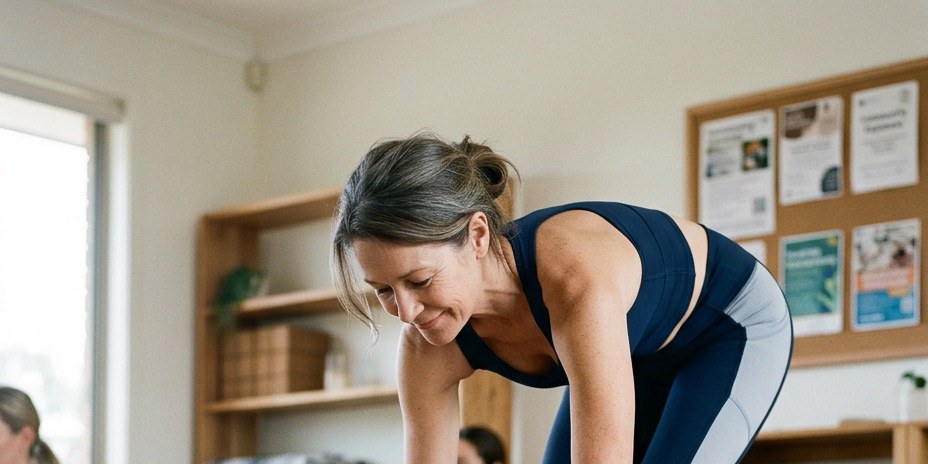 A woman in navy and white leggings bends to roll up a yoga mat in a home gym with wooden shelving and window light — HLTH+