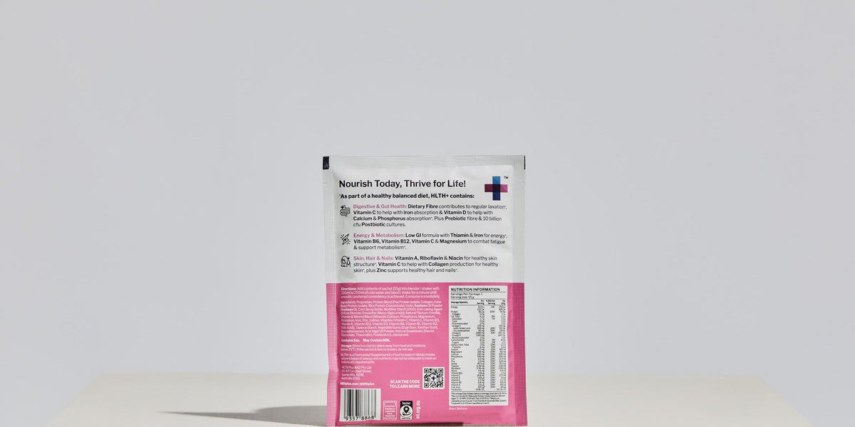 Front and back of a pink HLTH+ Women's Daily Nutritional Formula sachet on a grey studio surface, nutrition panel legible — HLTH+