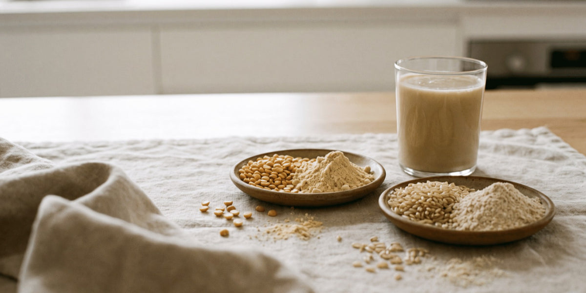 Raw pea and rice protein powders on small plates beside a filled glass on a linen cloth — HLTH+