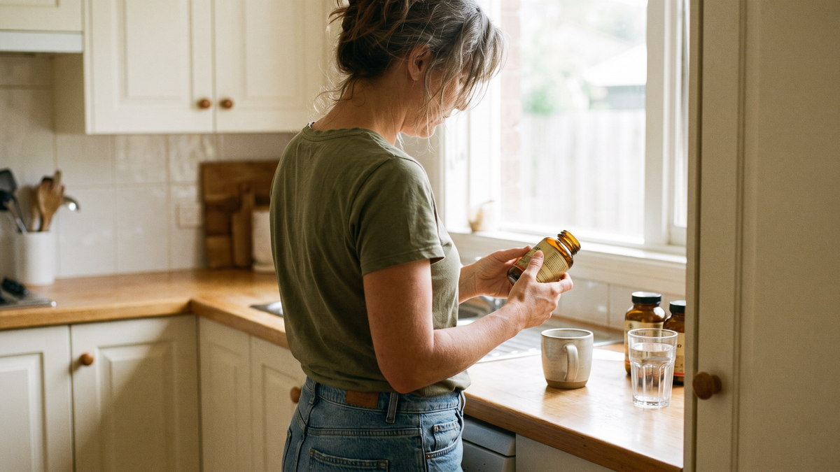 A woman reading a bottle label in a kitchen