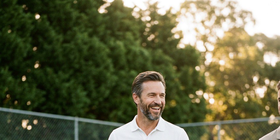 A smiling man in a white polo holds a paddle at a table tennis table in a leafy backyard in golden evening light — HLTH+