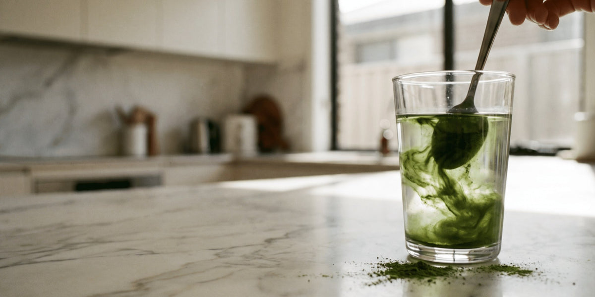 Green powder being stirred into a glass of water on a marble kitchen bench — HLTH+