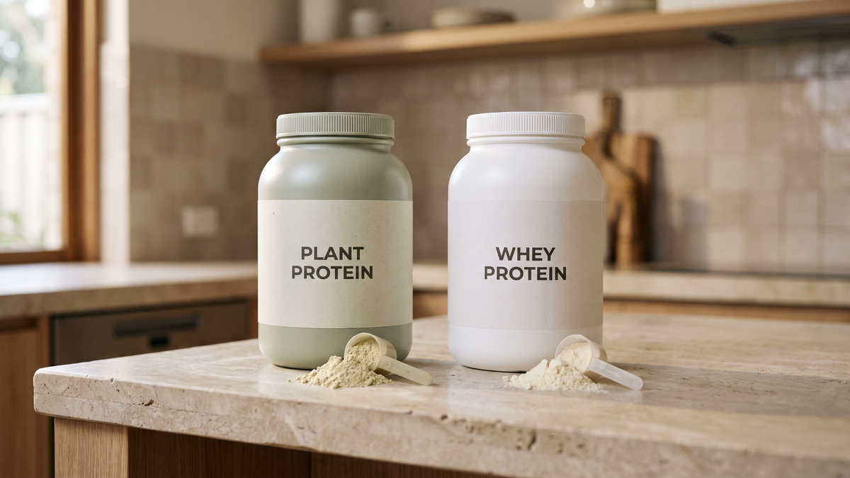 Plain jars labelled plant protein and whey protein
