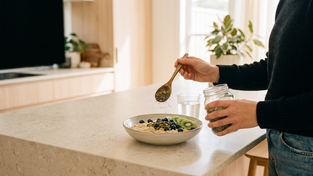 Seeds added to a bowl of breakfast food and fruit