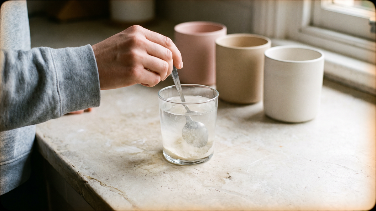 A person stirring powder into a glass of water