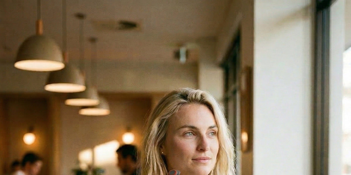 A woman in a cream top sits at a white desk with a laptop, notebook and phone, holding a charcoal HLTH+ electric shaker in a bright open-plan office — HLTH+