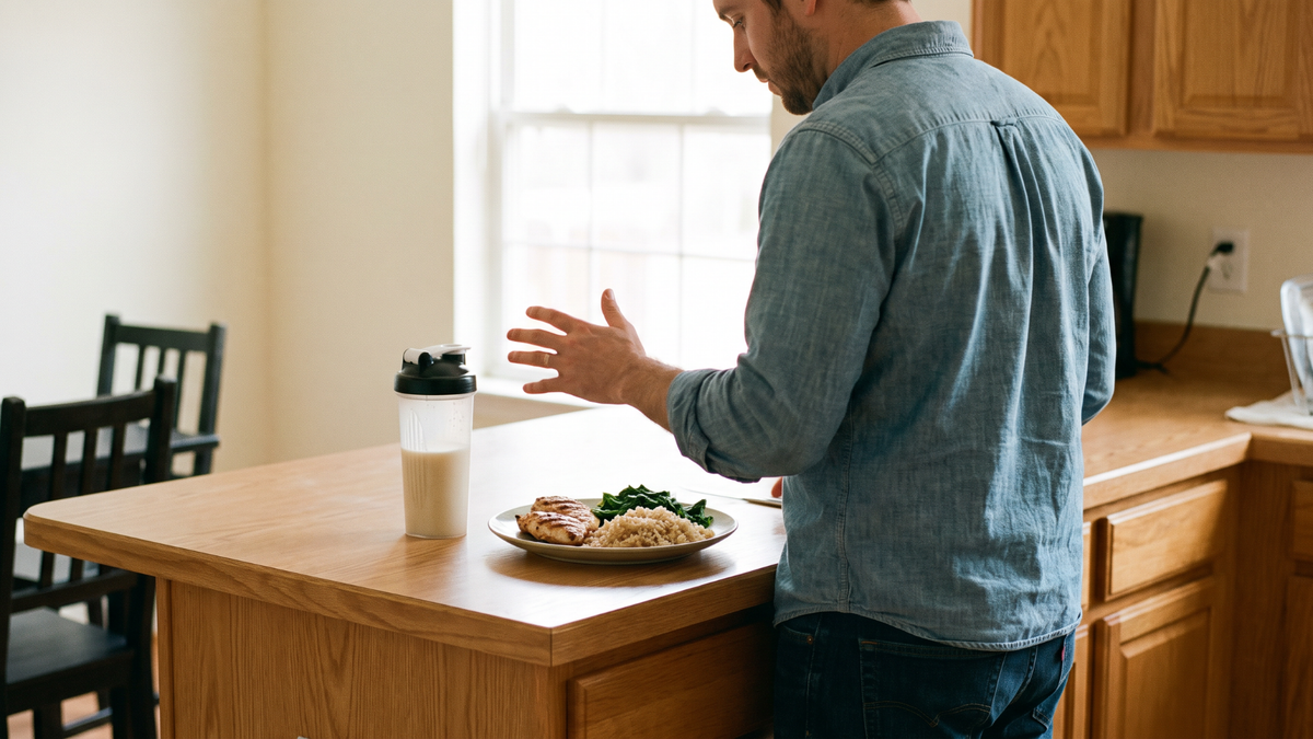 A man at a kitchen bench with a plate of food and a shaker