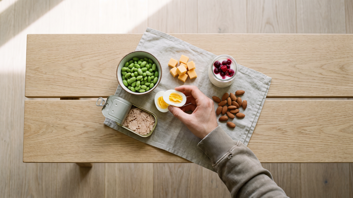 Eggs, tuna, edamame, cheese, yoghurt and nuts on a table