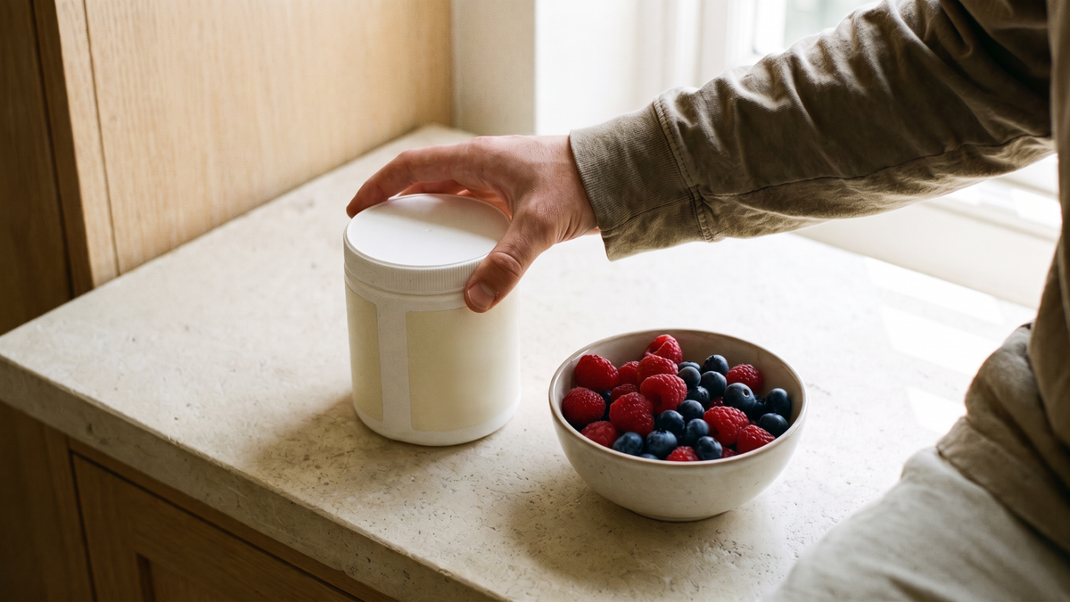 A plain powder tub beside a bowl of berries