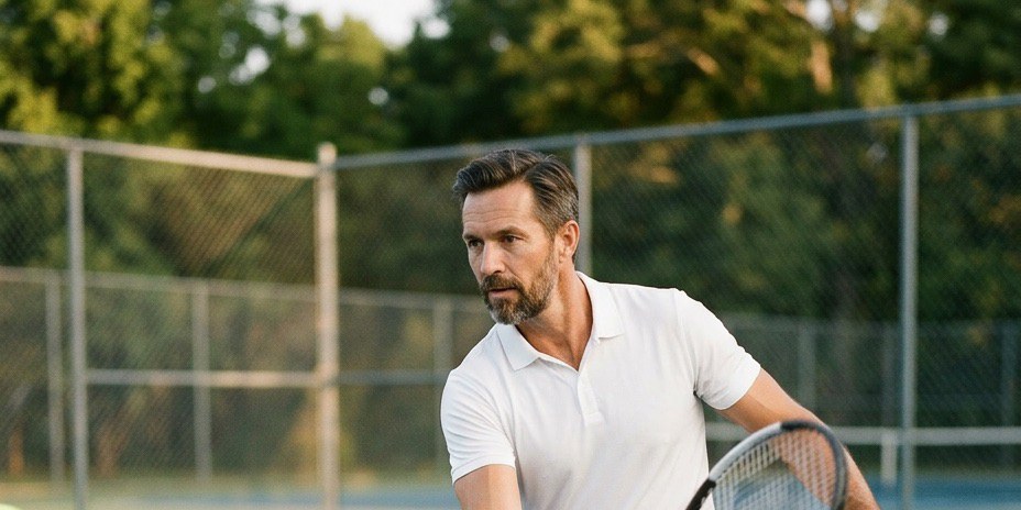 A man in his fifties in a white polo plays tennis on a blue court in bright daylight, green trees behind the fence — HLTH+