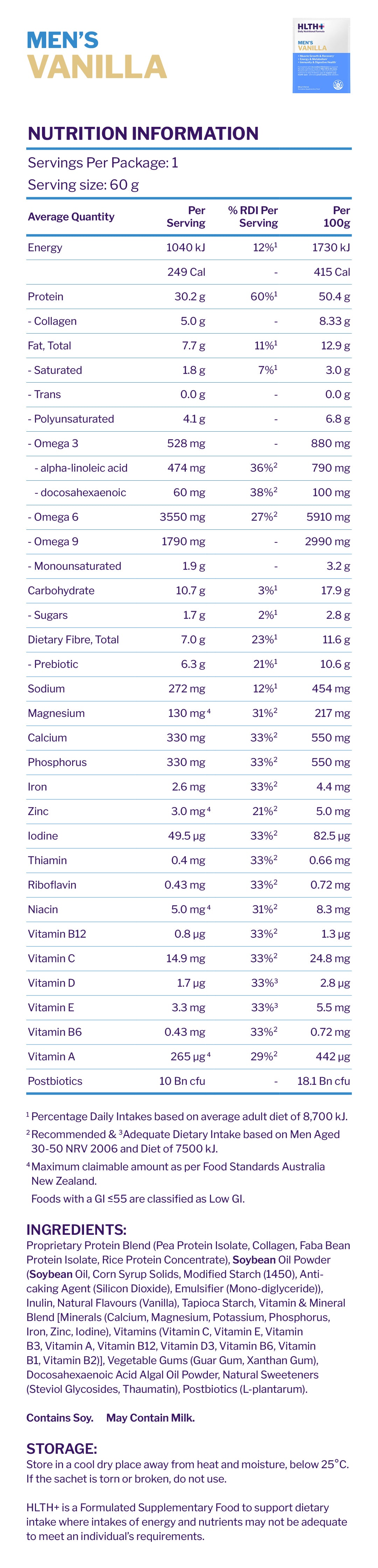 A HLTH+ sachet standing beside a filled shaker on a kitchen bench — HLTH+